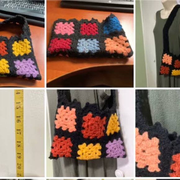 Granny Square Purse Handmade Small Knit Bag Tote Bag Shoulder Bag 10 in x 6.5 in - Picture 5 of 8
